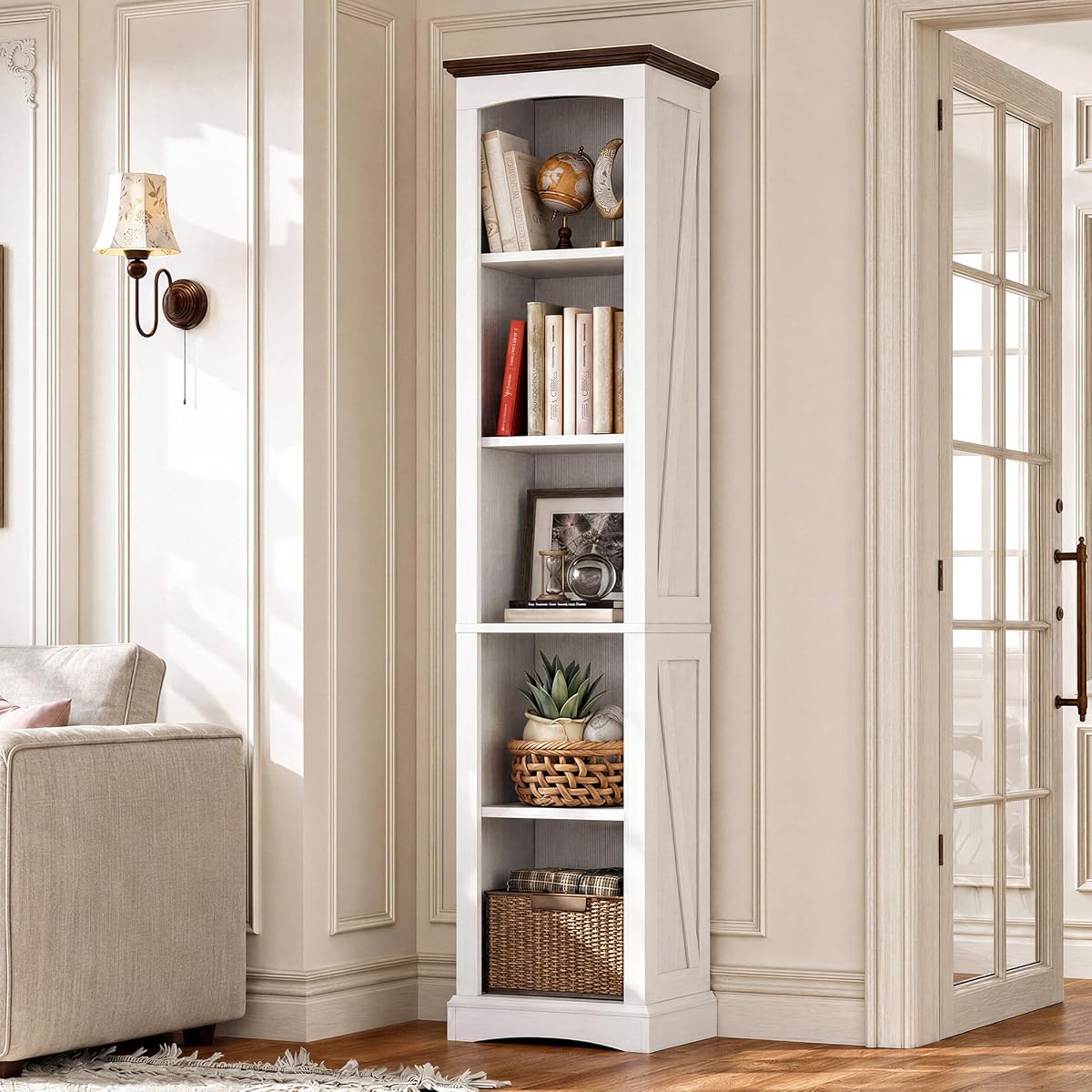 70" Tall Narrow 5-Tier Bookshelf, Farmhouse Bookcase White