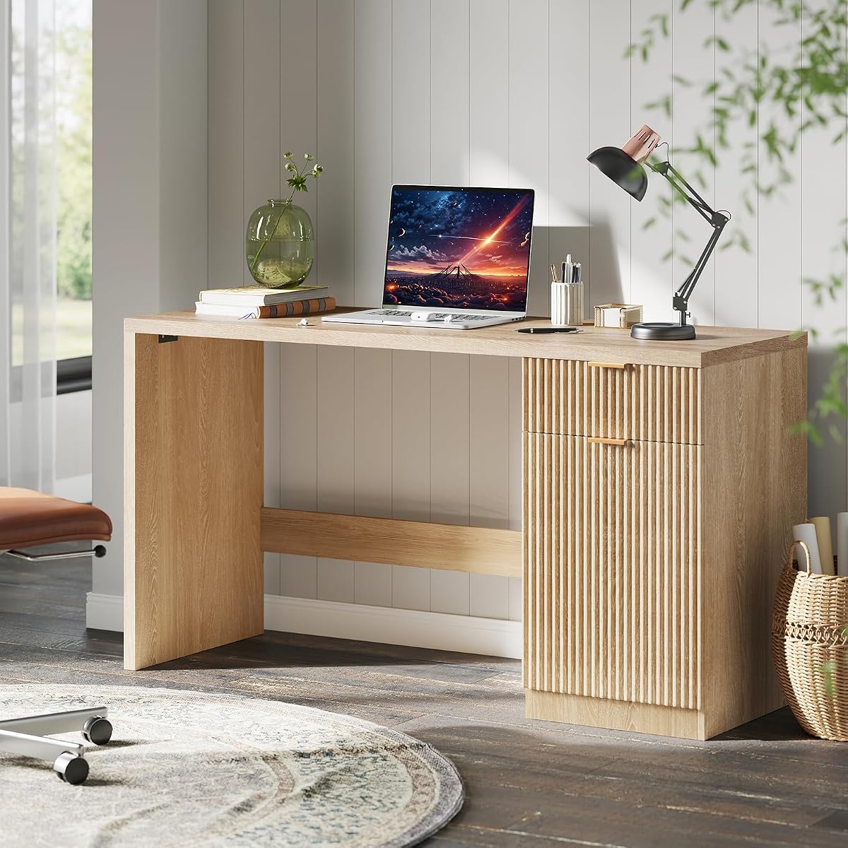 Fluted Executive Desk with Drawers, 60" Modern Home Office Desk
