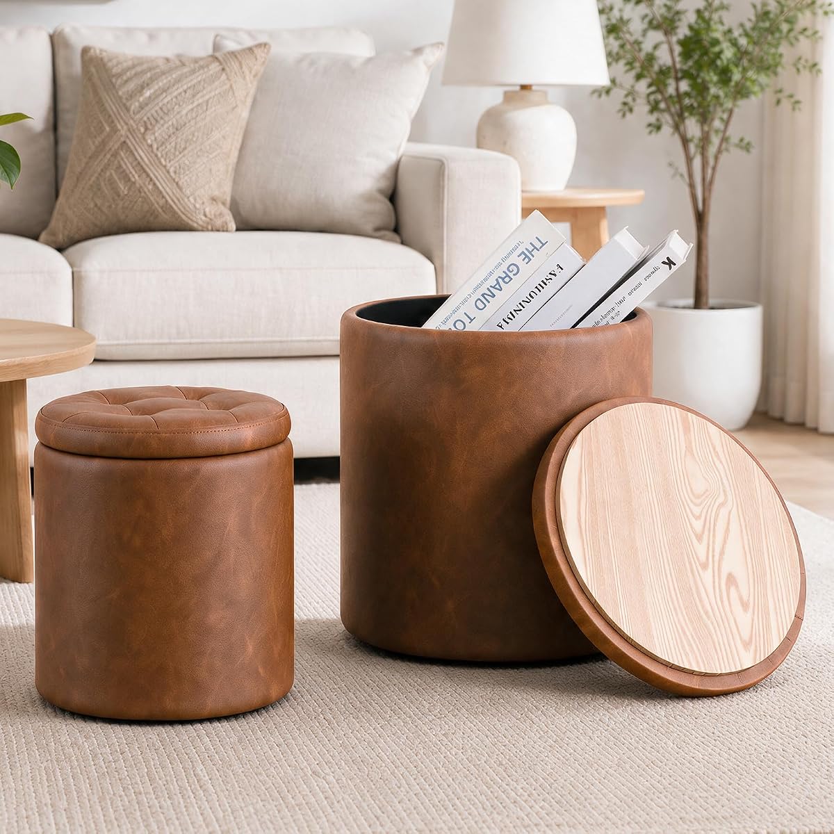 Round faux leather ottoman with storage, brown