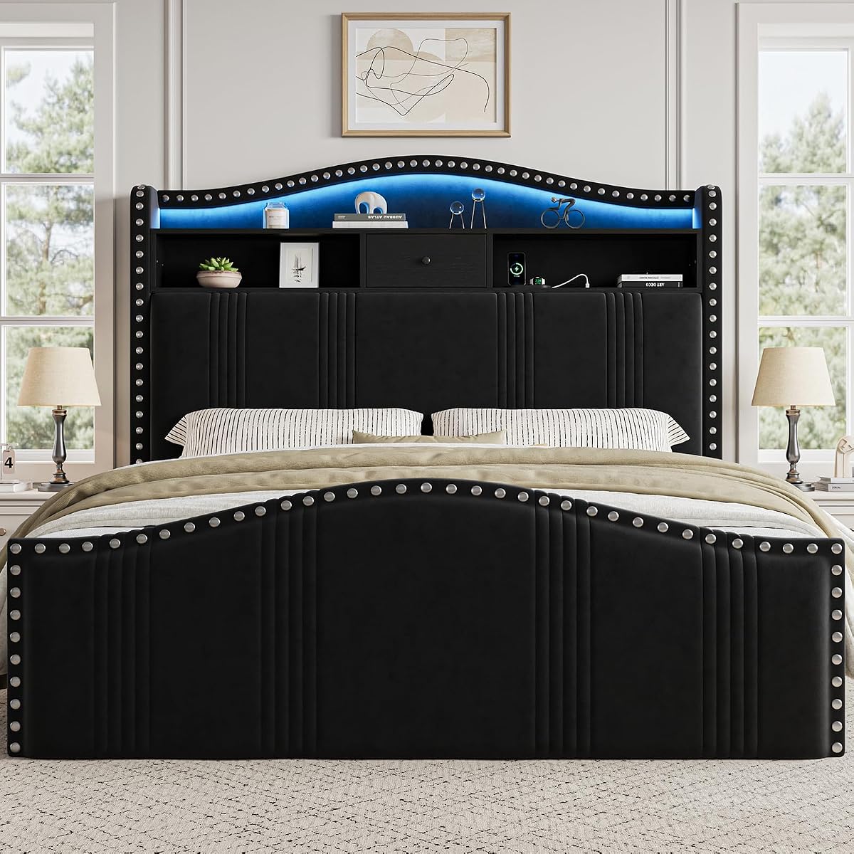 51.5" Queen Size Bed Frame with Headboard and Storage