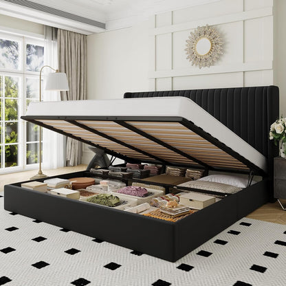 King Size Lift Up Storage Bed Frame Channel Tufted Headboard Black