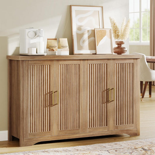 Fluted Buffet Cabinet with Storage Accent Sideboard,Modern Credenza with 4 Doors & Adjustable Shelves,Wood Coffee Bar Table Console for Dining Room Kitchen Living Room Entryway,Natural Oak