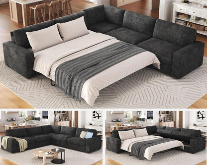106" Oversized Sofa Bed, Sectional Sleeper Sofa with Pull Out Bed, 3 in 1 Convertible Sofa Bed, L Shaped Couch with Storage, High Resilience Mattress, Chenille Grey
