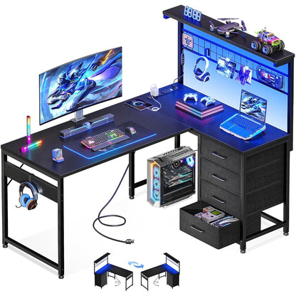 43" L Shaped Gaming Desk with Shelf & 4 Drawers, Black