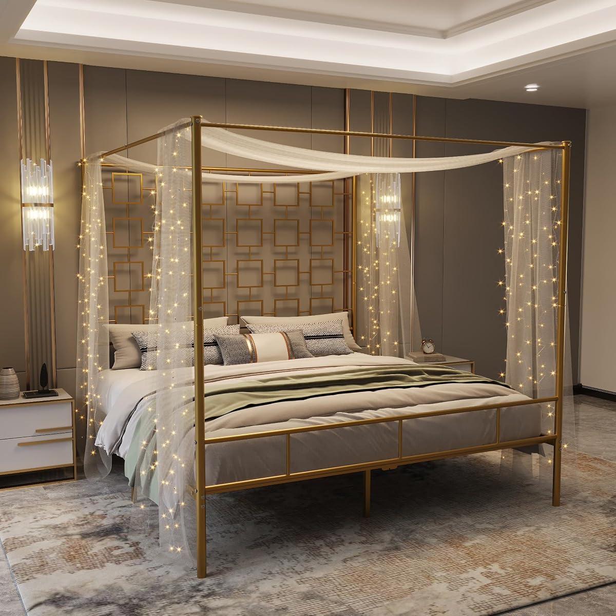 King Size Canopy Bed Frame, Four-Poster Platform Bed with Metal Slats Support