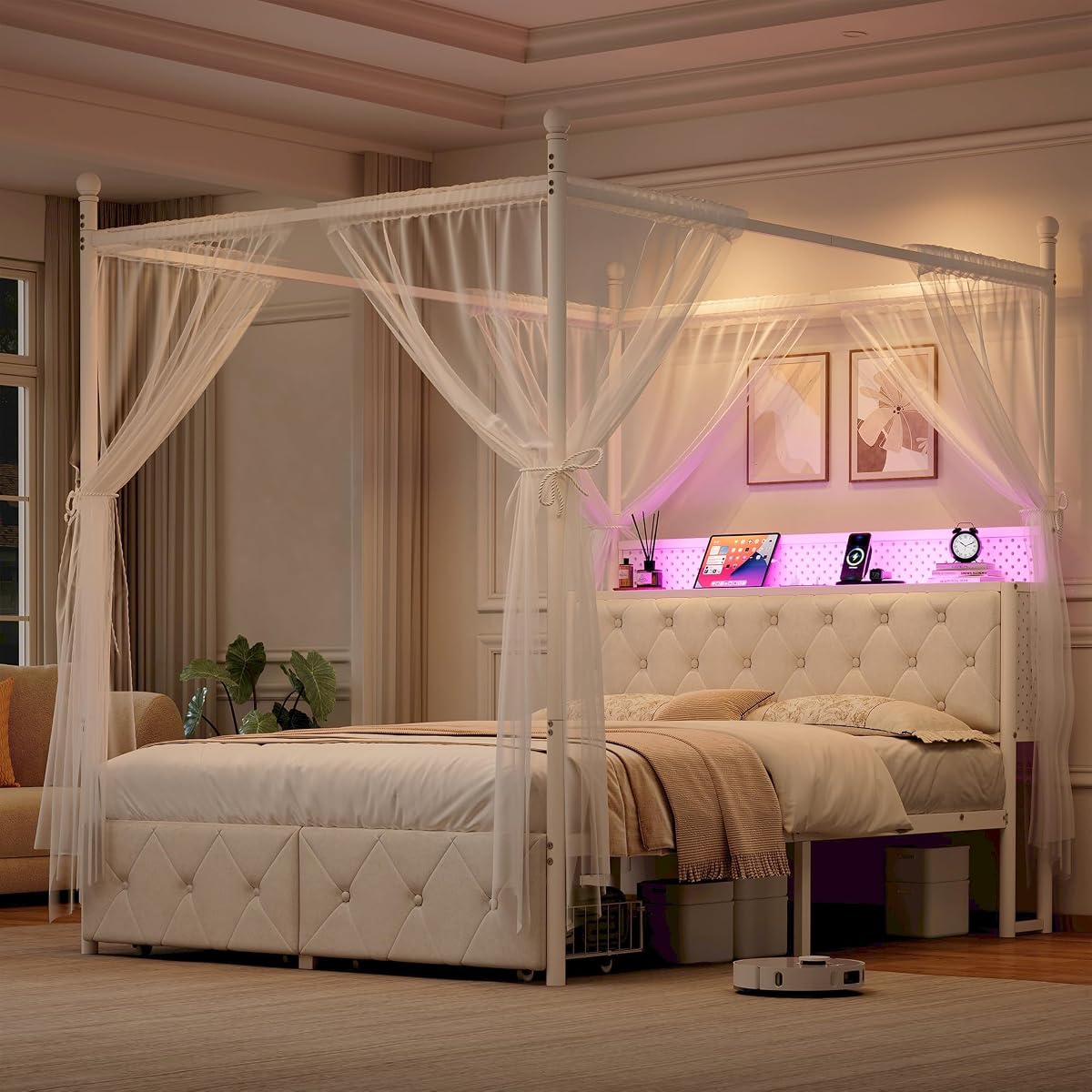 Queen Size Canopy Bed Frame with Charging Station and LED Lights
