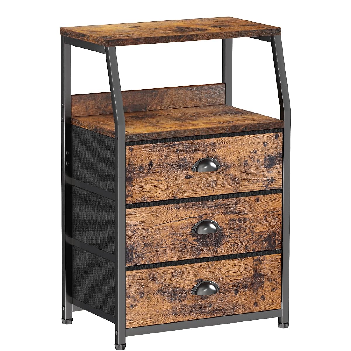 Nightstand with 3 Drawers and 2-Tier Shelf, Fabric Small Dresser Organizer Vertical Storage Tower for Bedroom, Closet, Hallway, Nursery, End Table Side Furniture, Sturdy Steel Frame, Wood Top
