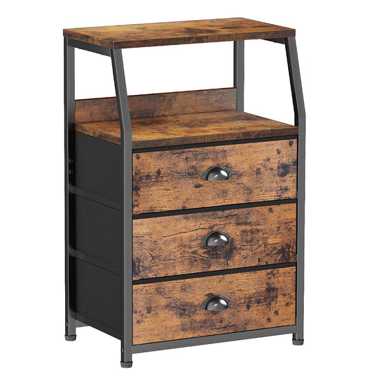 Nightstand with 3 Drawers and 2-Tier Shelf, Fabric Small Dresser Organizer Vertical Storage Tower for Bedroom, Closet, Hallway, Nursery, End Table Side Furniture, Sturdy Steel Frame, Wood Top