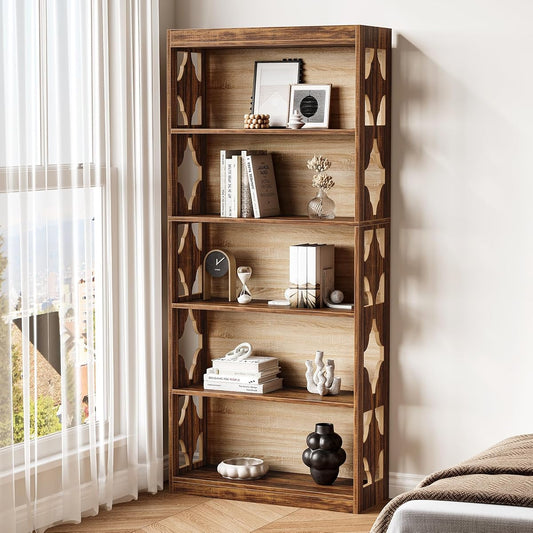 69.9" Vintage Bookshelf, 5-Tier Tall Bookshelves, Cutout Design Vertical Bookcase, Freestanding Storage Display Shelf for Living Room, Bedroom, Study, Office, 1 Pack
