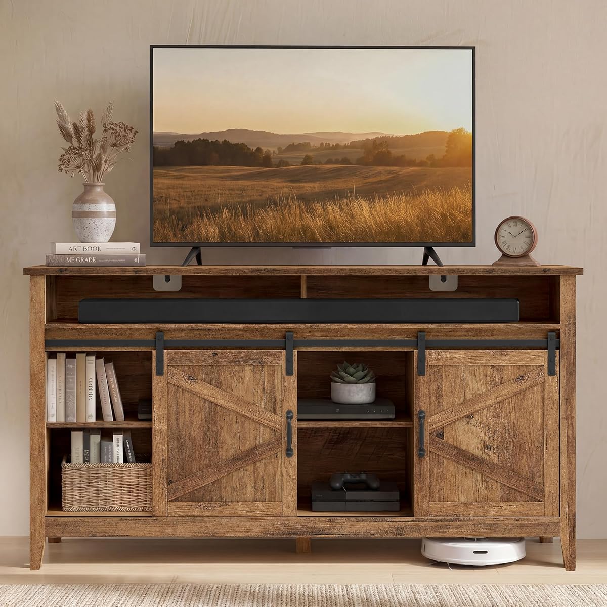 VASAGLE Tall Farmhouse TV Stand, Entertainment Center with Barn Doors