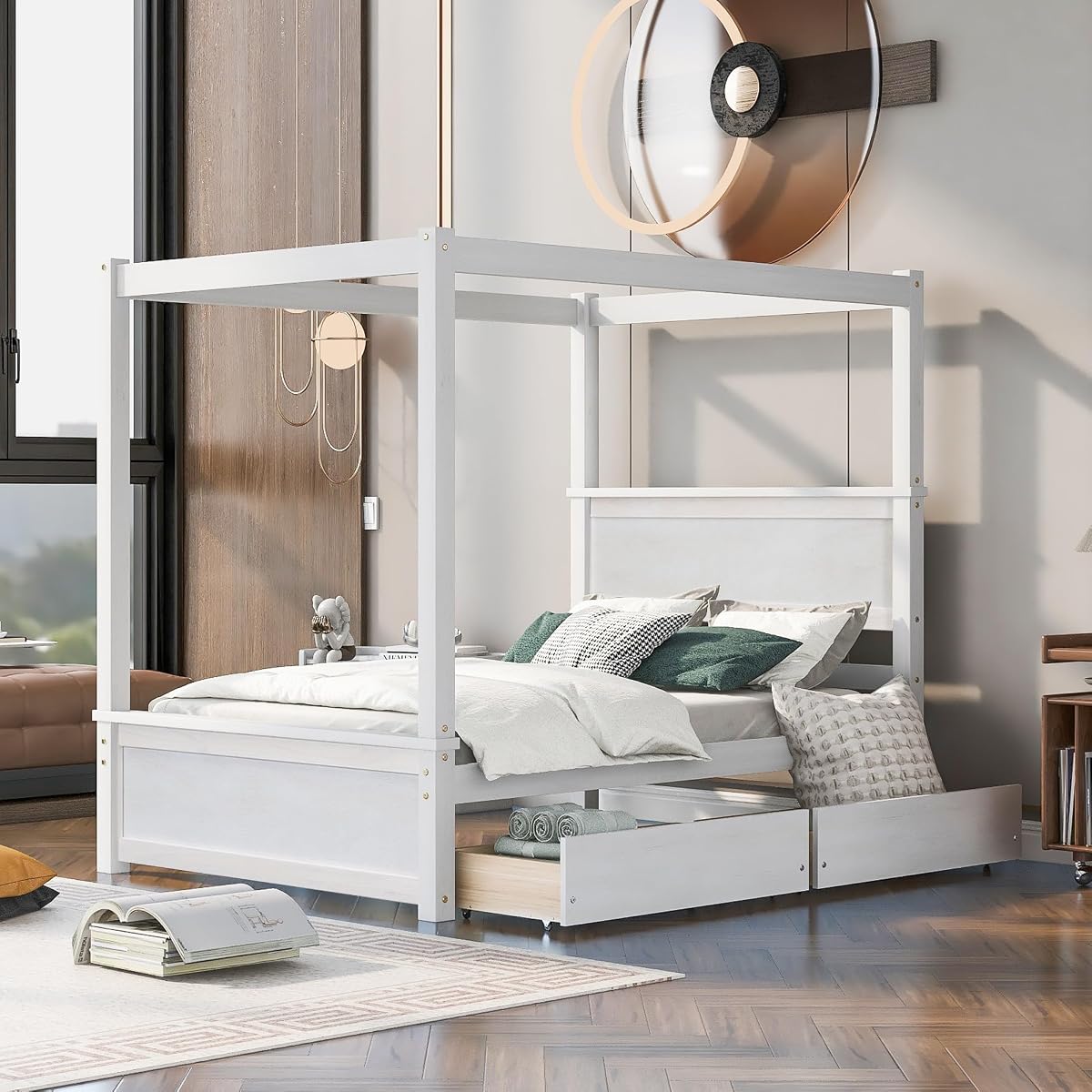 GDFStudio Full Size Canopy Bed Frame with 2 Storage Drawers
