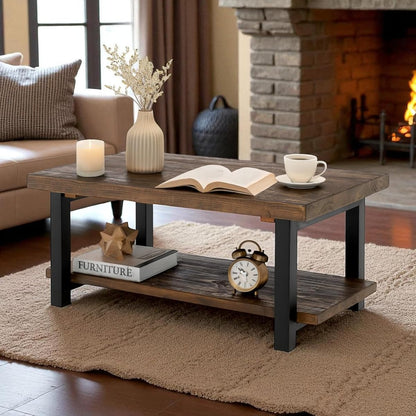 Pomona 42-Inch Rectangular Solid Wood Coffee Table with Storage Shelf & Metal Legs – Rustic Industrial Farmhouse Living Room Table by (Rustic Natural)