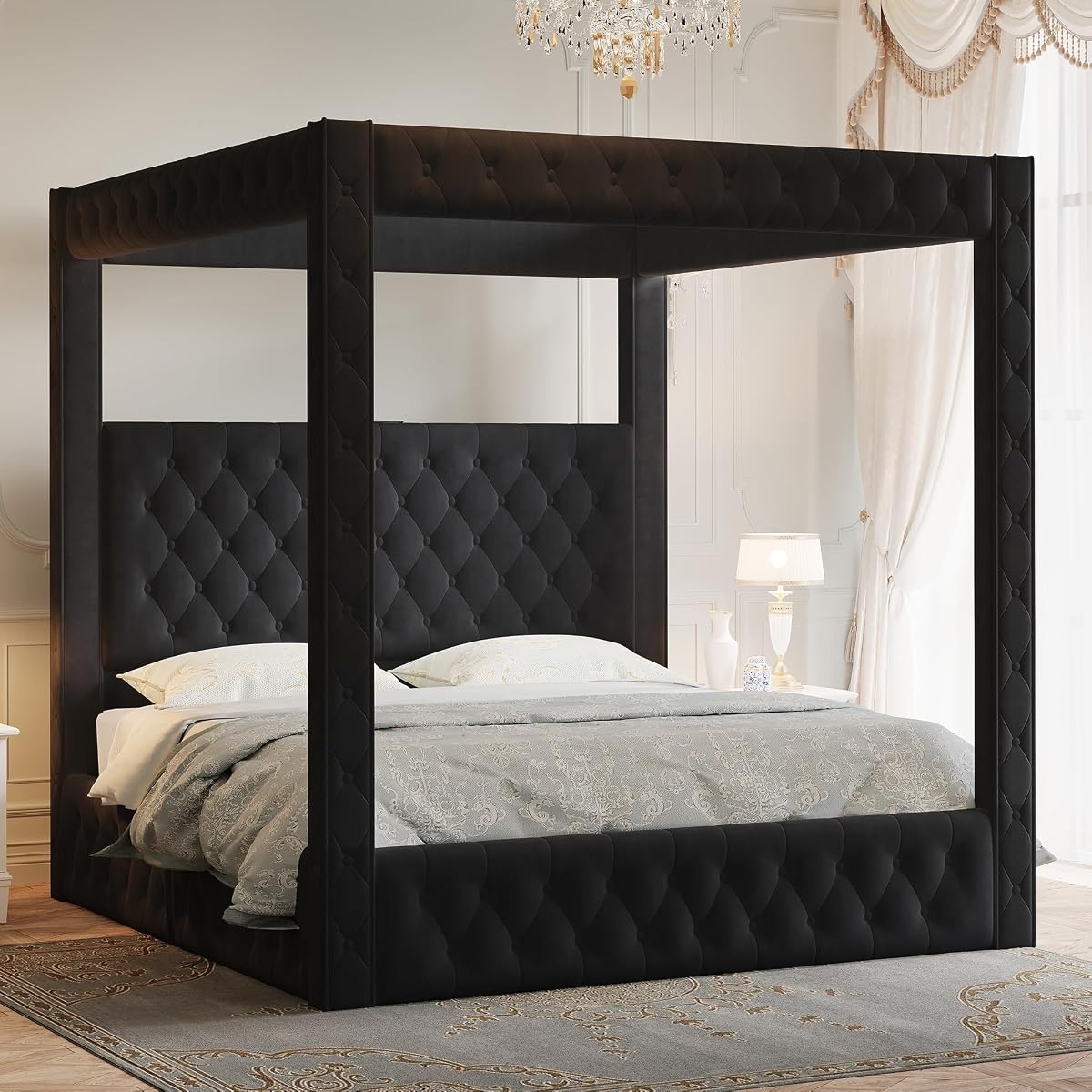 King Canopy Bed Frame Velvet Upholstered Headboard, Black