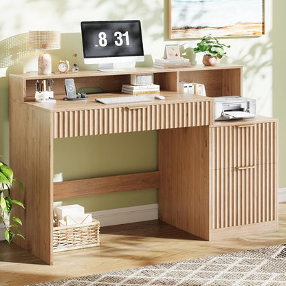 Fluted Computer Desk with Drawers, Home Office Desk with Power Outlets, Printer Stand and Storage Cabinet, Study Writing Desks with Long Monitor Stand, Oak