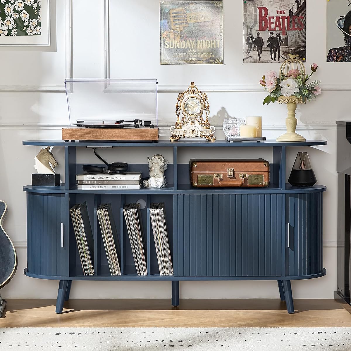 Extra Large Round Record Player Stand with Charging Station