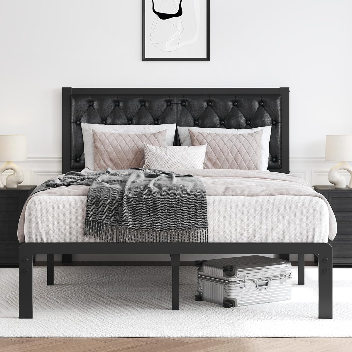 Full Bed Frame with Upholstered Button Tufted Headboard