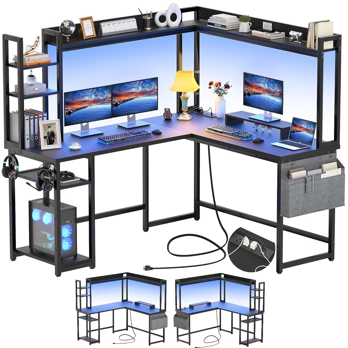 L Shaped Desk with Power Outlet, L Shaped Gaming Desk with Led Light & Hutch, Reversible Home Office Desk, Corner Computer Desk Writing Desk with Monitor Stand & Storage Shelves, Black