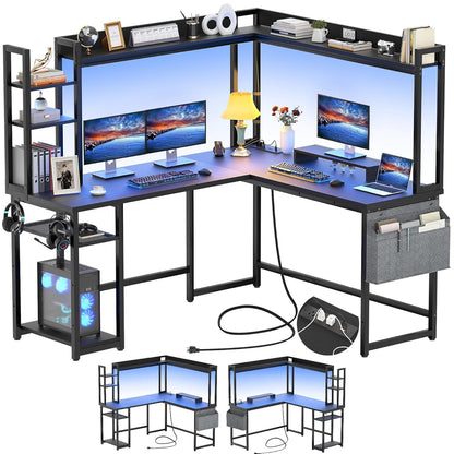 L Shaped Desk with Power Outlet, L Shaped Gaming Desk with Led Light & Hutch, Reversible Home Office Desk, Corner Computer Desk Writing Desk with Monitor Stand & Storage Shelves, Black
