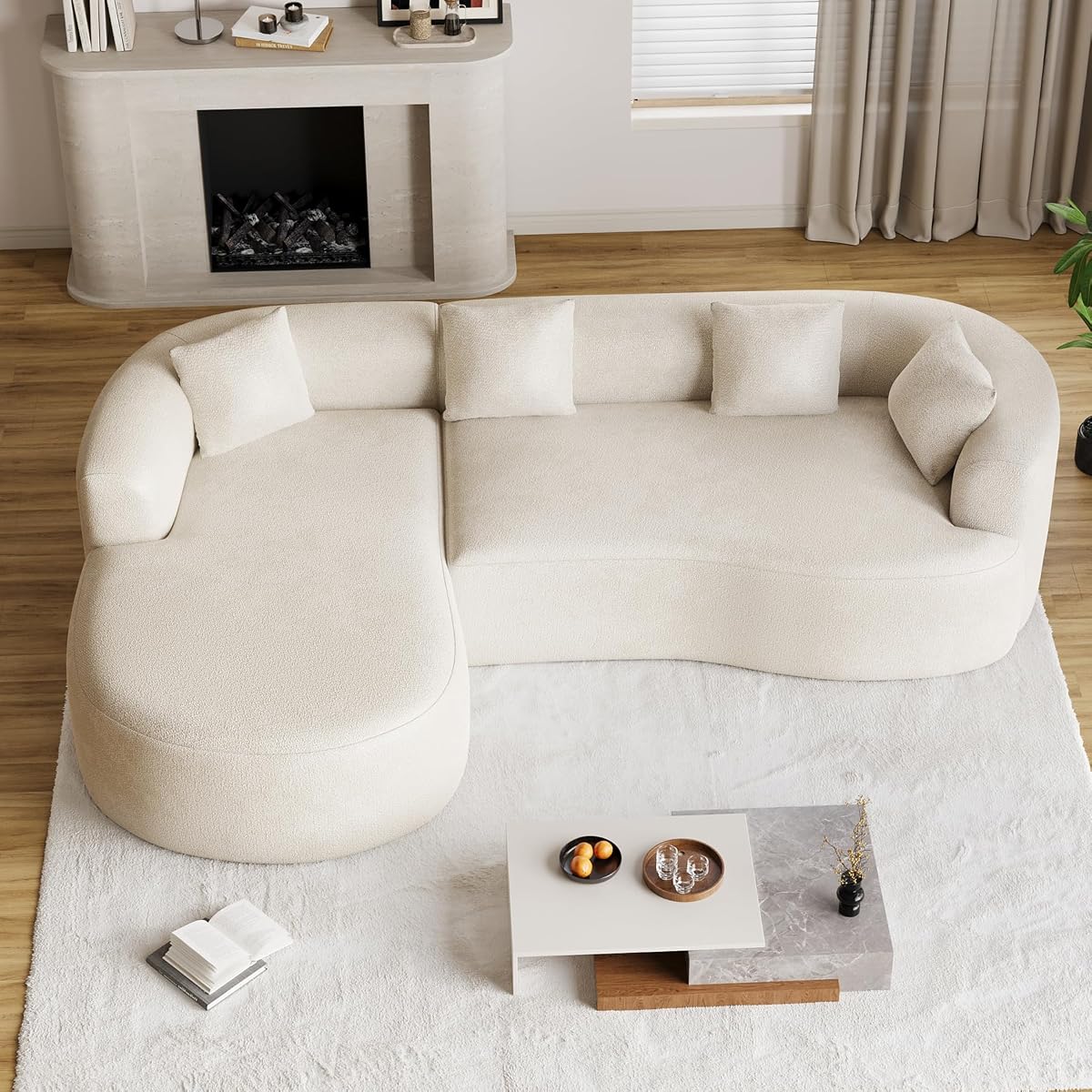 111" Oversized Sectional Sofa with Left-Facing Chaise for Living Room, Modern Luxury Chenille 4-Seater Couch Extra Deep Seat L-Shape Curved Cloud Couch with 4 Throw Pillows, White