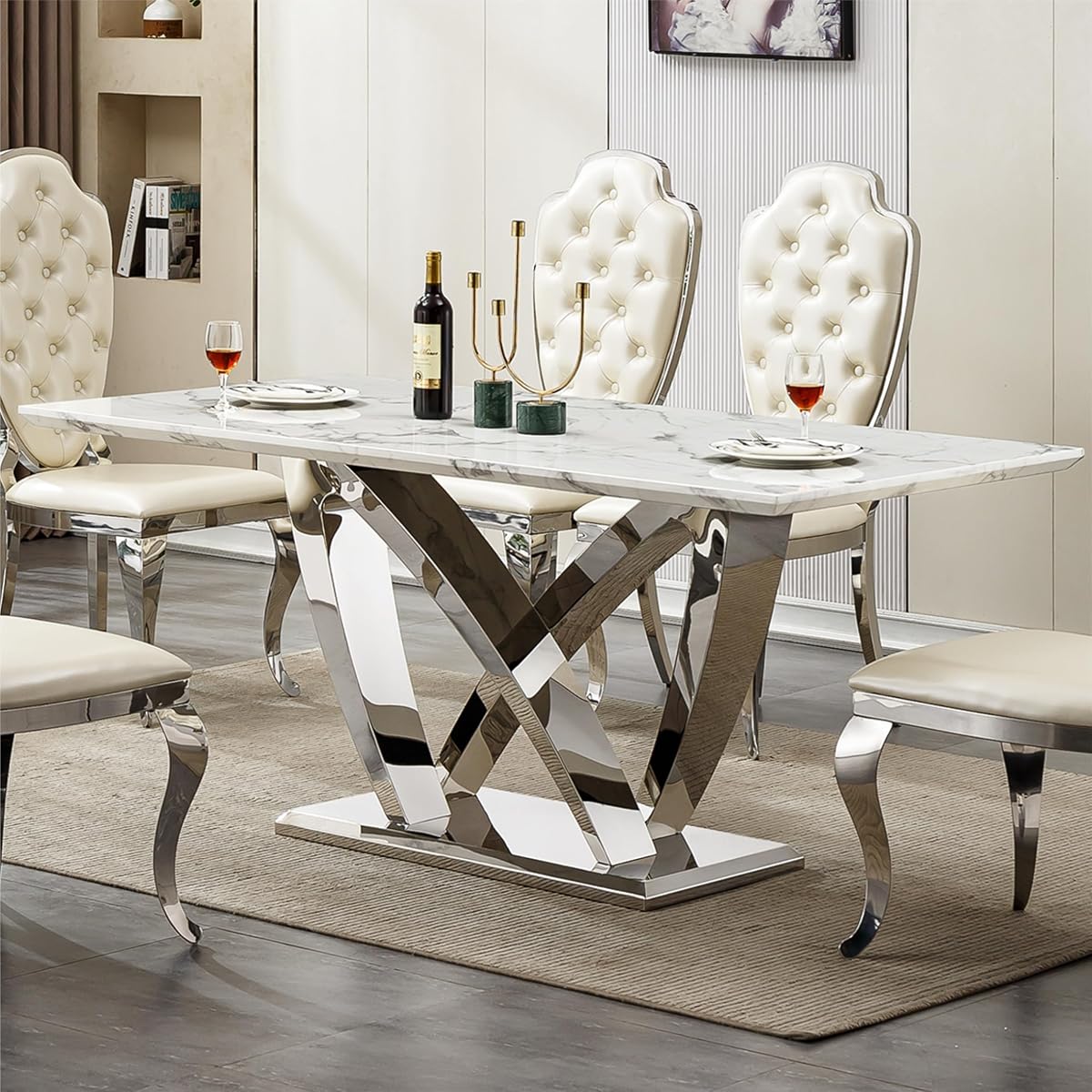 Marble Dining Table for 6 People, 70'' Rectangle Faux Marble Dining Table with Mirrored Stainless Steel Base, Large Size Marble Kitchen Table (Silver,White)(only Table)