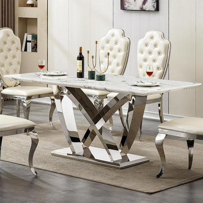 Marble Dining Table for 6 People, 70'' Rectangle Faux Marble Dining Table with Mirrored Stainless Steel Base, Large Size Marble Kitchen Table (Silver,White)(only Table)
