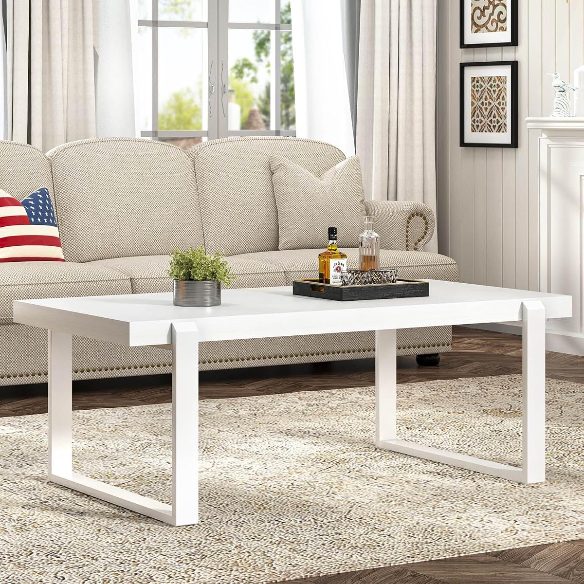 White Coffee Table, Modern Rustic Wood and Metal Center Table, Rectangle Cocktail Tea Table for Living Room, 47 Inch