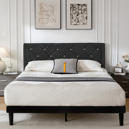Full Size Platform Bed Frame with Velvet Headboard