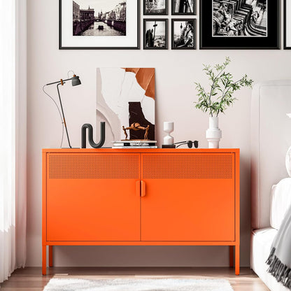 2 Door Accent Cabinet, Orange Metal Storage Cabinet with Adjustable Shelf