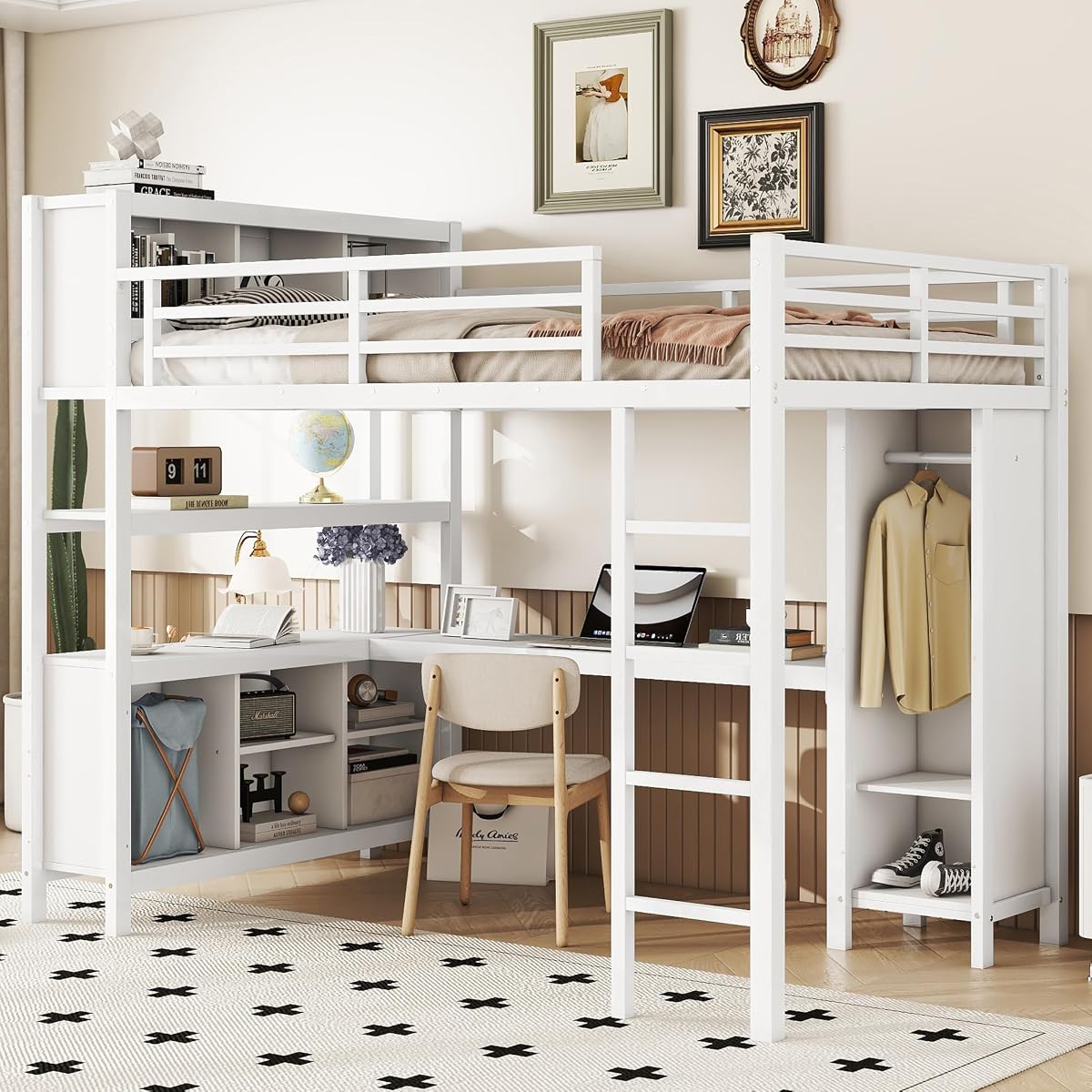 JIVOIT Full Size Loft Bed with L-Shaped Desk, Storage Cubes and Shelves, Heavy Duty Metal Loft Bed with Wardrobe for Kids Teens Adults, No Box Spring Needed (White/ Full,76)