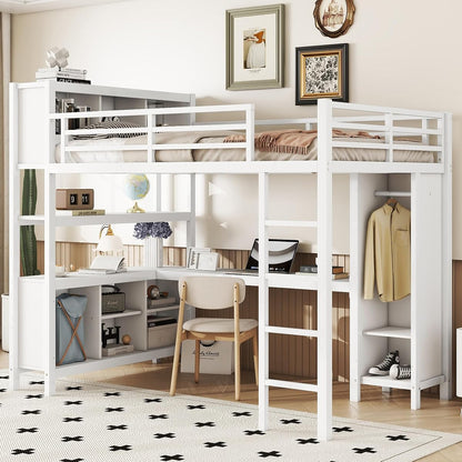 JIVOIT Full Size Loft Bed with L-Shaped Desk, Storage Cubes and Shelves, Heavy Duty Metal Loft Bed with Wardrobe for Kids Teens Adults, No Box Spring Needed (White/ Full,76)
