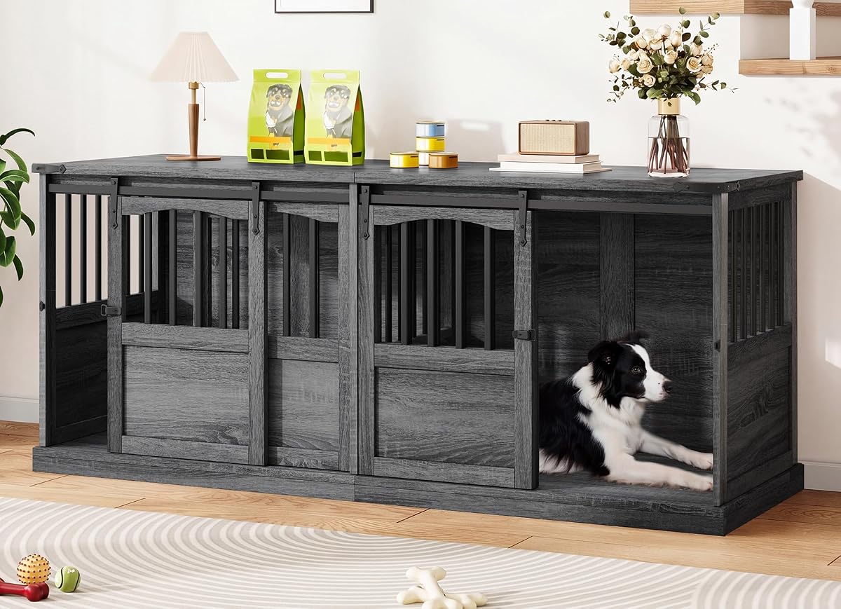 72" Double Dog Crate Furniture with Barn Sliding Doors Grey