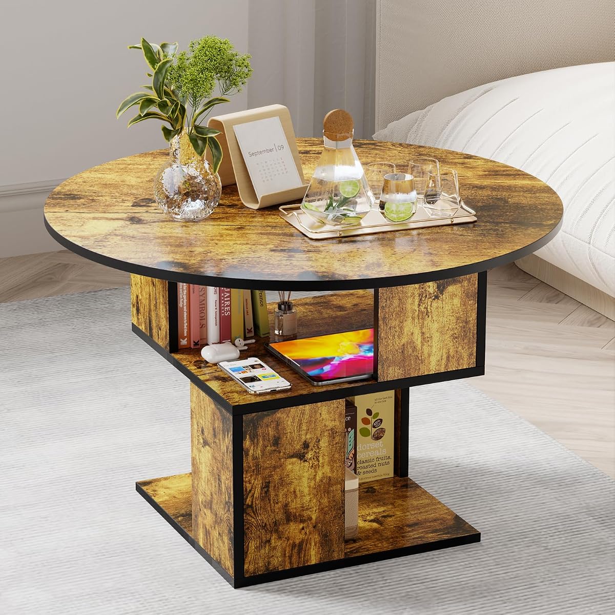 Round Coffee Table with Storage,3-Tier Coffee Table for Living Room,Wooden Tabletop-Caramel Brown with Black Frame