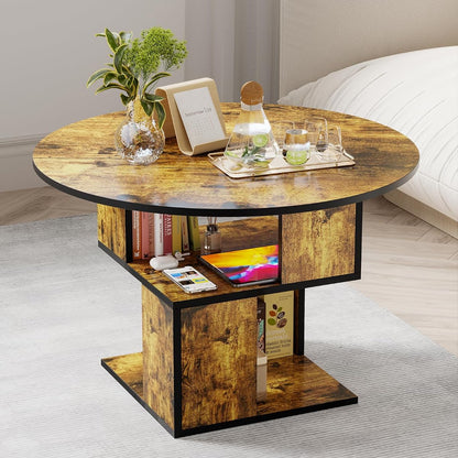 Round Coffee Table with Storage,3-Tier Coffee Table for Living Room,Wooden Tabletop-Caramel Brown with Black Frame
