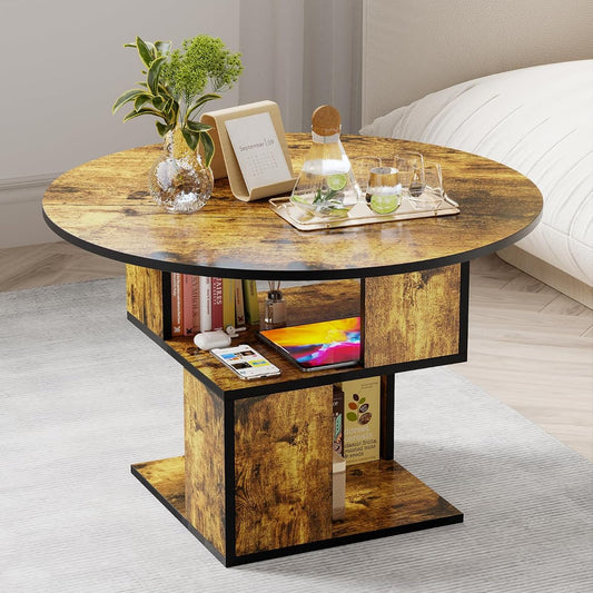 Round Coffee Table with Storage,3-Tier Coffee Table for Living Room,Wooden Tabletop-Caramel Brown with Black Frame
