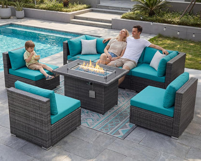 7 Piece Large Modern Patio Furniture Set with Propane/Gas Firepit Table, 29.3'' High Back Comfy Wicker Sectional Sofa Couches with Fire Pit, Outdoor Deep Conversation, Fade-Proof, Turquoise