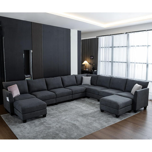 150.4" Large Sectional Couches for Living Room, 8 Seater L Shaped Modular Sectional Sofa with Two Storage Ottomans & USB, Oversized Corner Couch for Living Room (Grey)