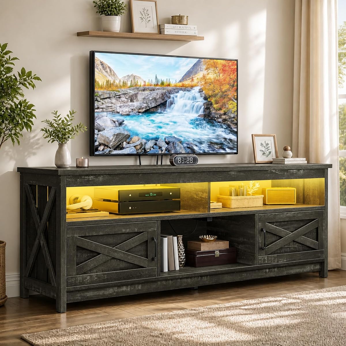 66 Inch TV Stand with Power Outlets for 75" TVs, Dark Grey Oak