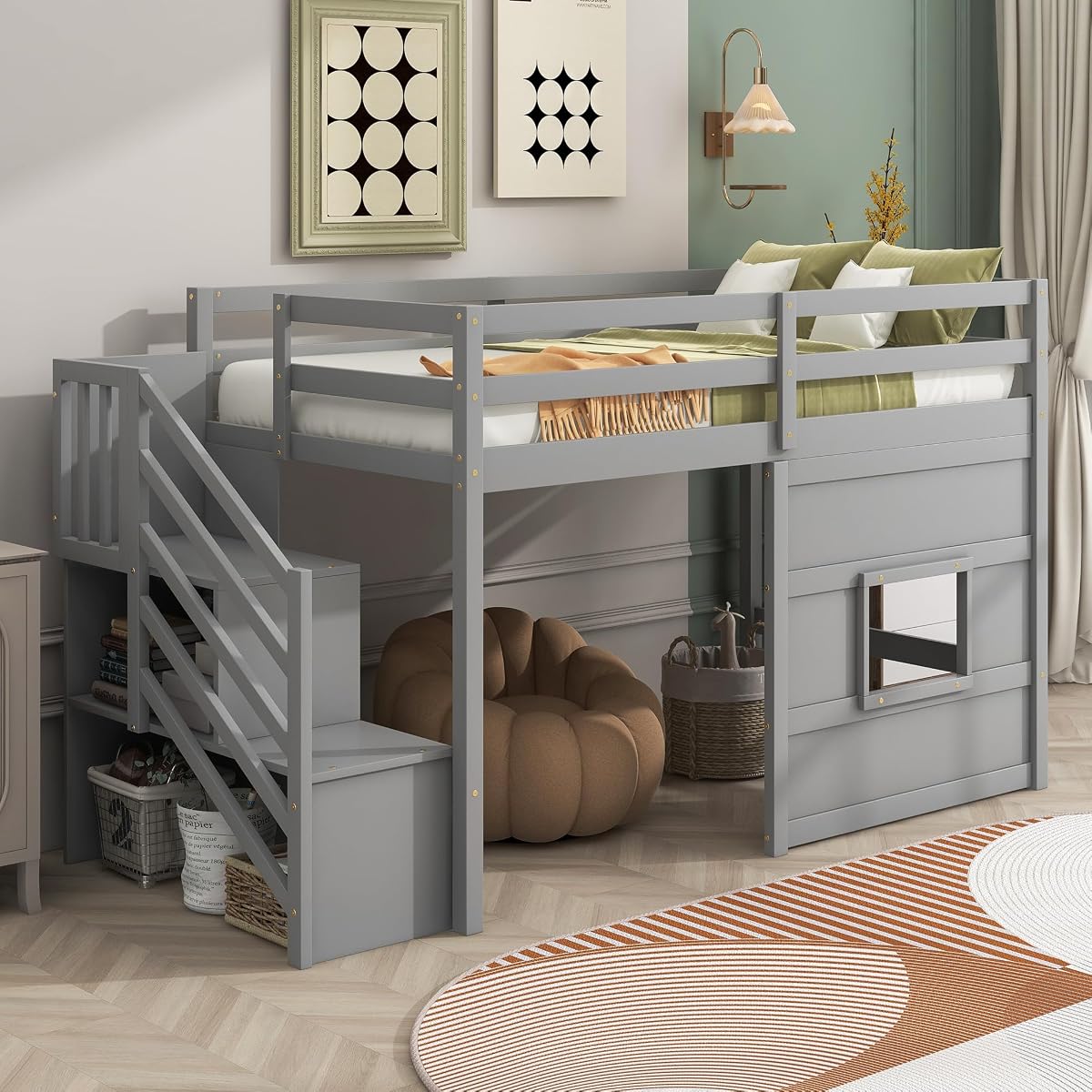 Twin Size Loft Bed with Storage Staircase and Window,Wood loft Bed Frame w/Length Guardrail & Slat Support,No Box Spring Needed,for Kids Teens Boys Girls,Gray