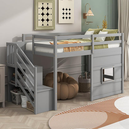 LUMISOL Twin Loft Bed, Solid Wood Low Loft Bed Frame with Staircase, Plyhouse, Window and Safety Guardrails, No Box Spring Needed, Grey