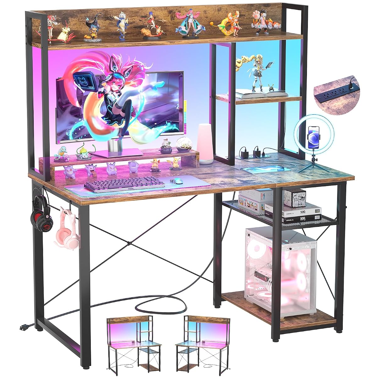 39'' Gaming Desk with Hutch and Reversible Storage Shelves, Rustic
