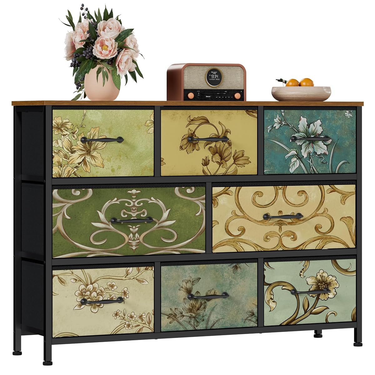 8 Drawer Dresser, Wide Fabric Chest of Drawers, Vintage Furniture for Bedroom, Living Room, Hallway, Closet Clothes Storage, Wooden Top