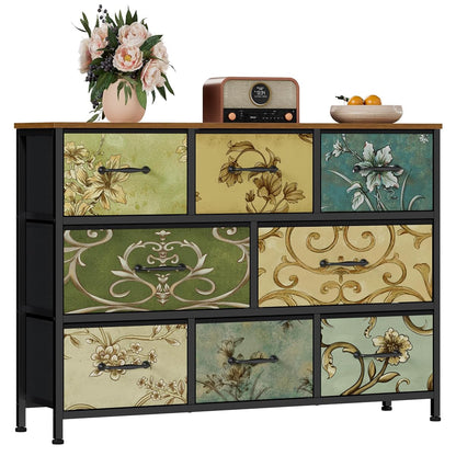 8 Drawer Dresser, Wide Fabric Chest of Drawers, Vintage Furniture for Bedroom, Living Room, Hallway, Closet Clothes Storage, Wooden Top