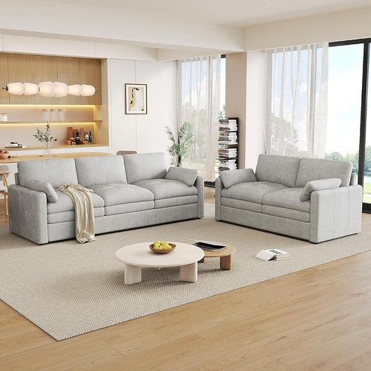2-Piece Chenille Fabric Upholstered Sofa Set with Oversized Comfy Cloud 3-Seater Couch and Loveseat Sofa, Double Plush Cushion for Living Room