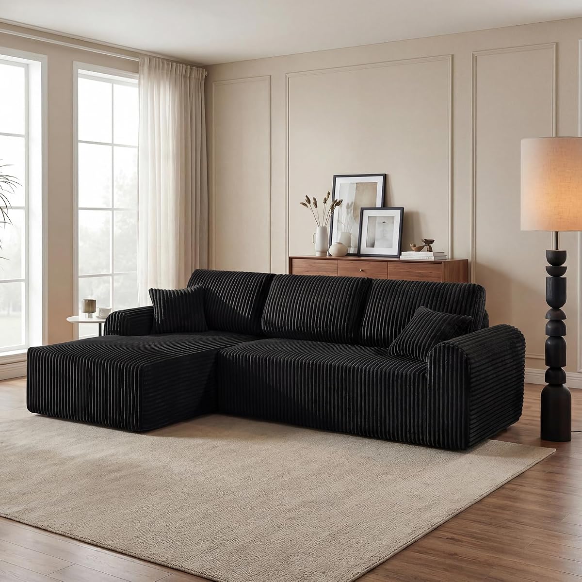 104 Inch Cloud Sectional Couch with L-Shape Chaise,Modern Upholstered Couches with Deep Seat,Corduroy Sponge Compressed Sofa for Living Room,No Assembly Required (Black)