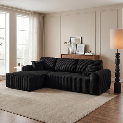 104 Inch Cloud Sectional Couch with L-Shape Chaise,Modern Upholstered Couches with Deep Seat,Corduroy Sponge Compressed Sofa for Living Room,No Assembly Required (Black)
