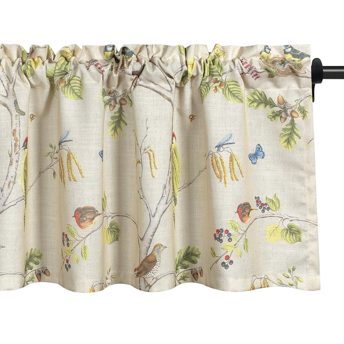 Birds Print Kitchen Curtains Valance, Country Style Faux Linen Curtain Panels for Living Room, Decorative Rod Pocket Valances for Bathroom Bedroom Windows, 1 Panel, 52x18