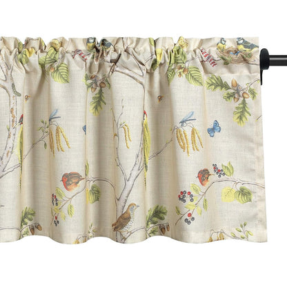 Birds Print Kitchen Curtains Valance, Country Style Faux Linen Curtain Panels for Living Room, Decorative Rod Pocket Valances for Bathroom Bedroom Windows, 1 Panel, 52x18