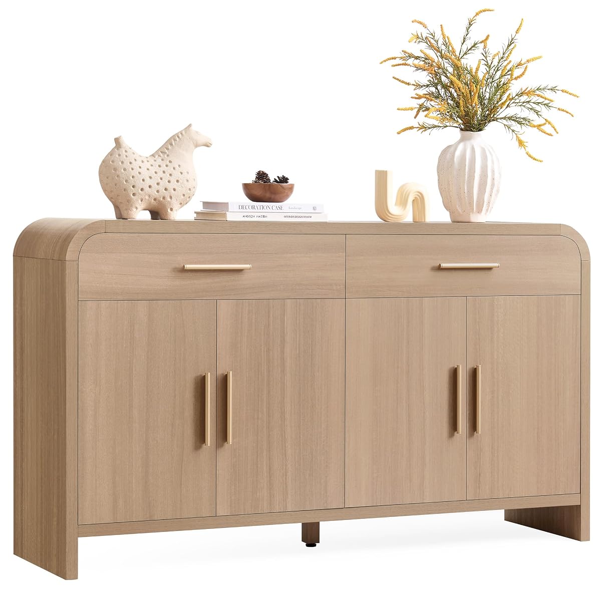 59" Sideboard Buffet Cabinet with Storage, 4 Doors Cabinet Natural Oak
