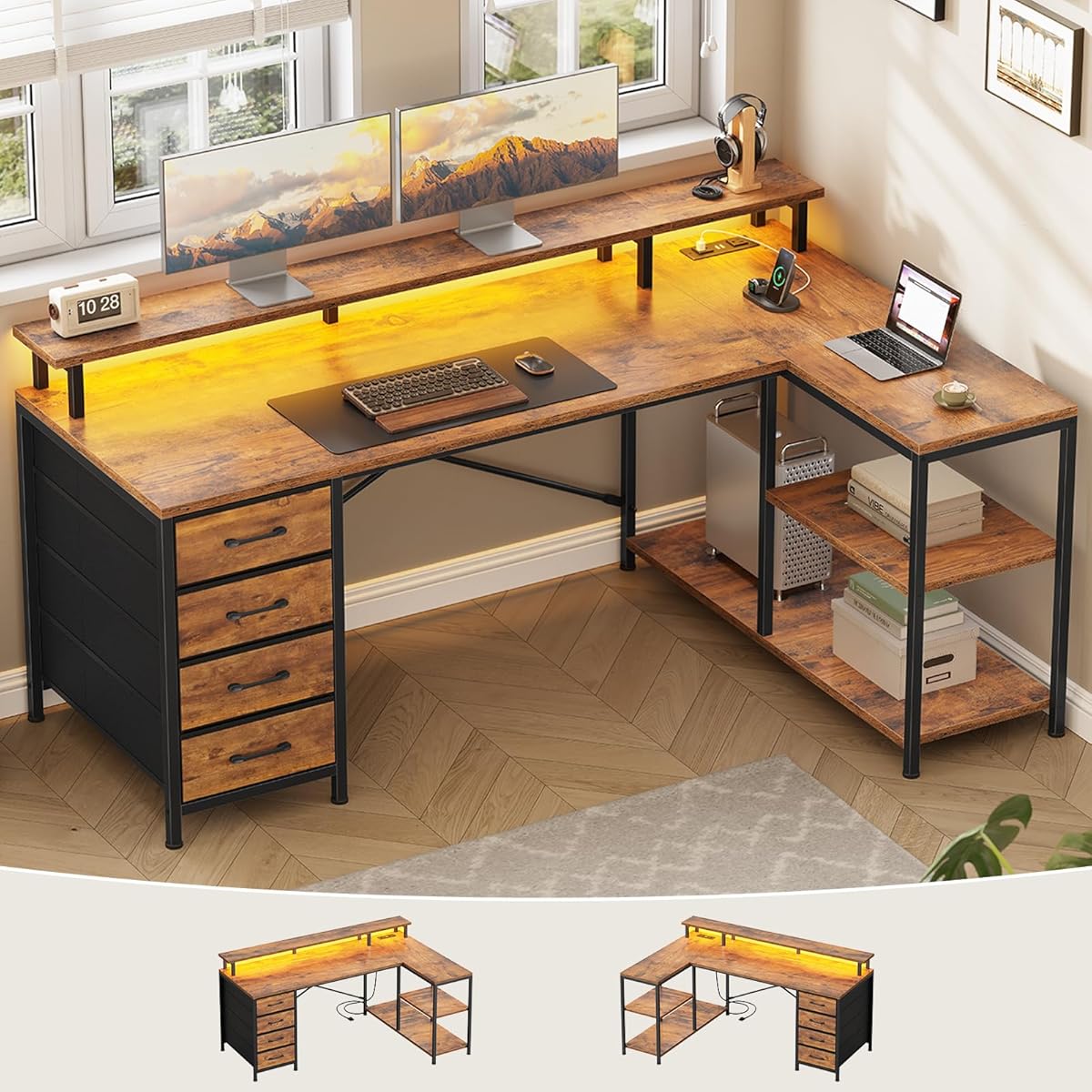 L Shaped Desk with 4 Drawers and Storage Shelves, L Shaped Gaming Desk with LED Lights & Power Outlets, Computer Desk with Shelves & Drawer, Corner Desk Home Office Desk, Rustic Brown