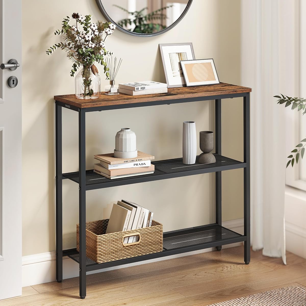 VASAGLE 31.5" Console Table, Narrow Behind Couch Table, 3 Tier | BARNET Collection, One Piece Top, Steel Frame, for Entryway, Living Room, Modern, Rustic Brown and Ink Black ULNT037KD01S